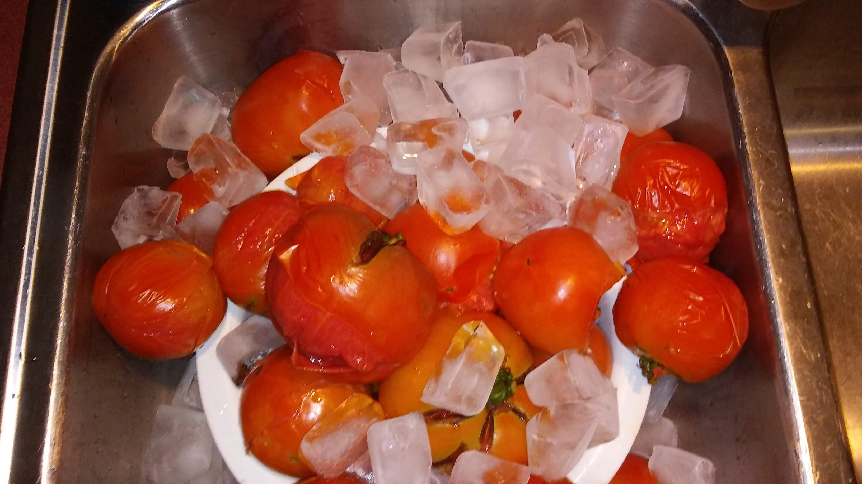 Pour Tomatoes into a colander and dump ice onto them